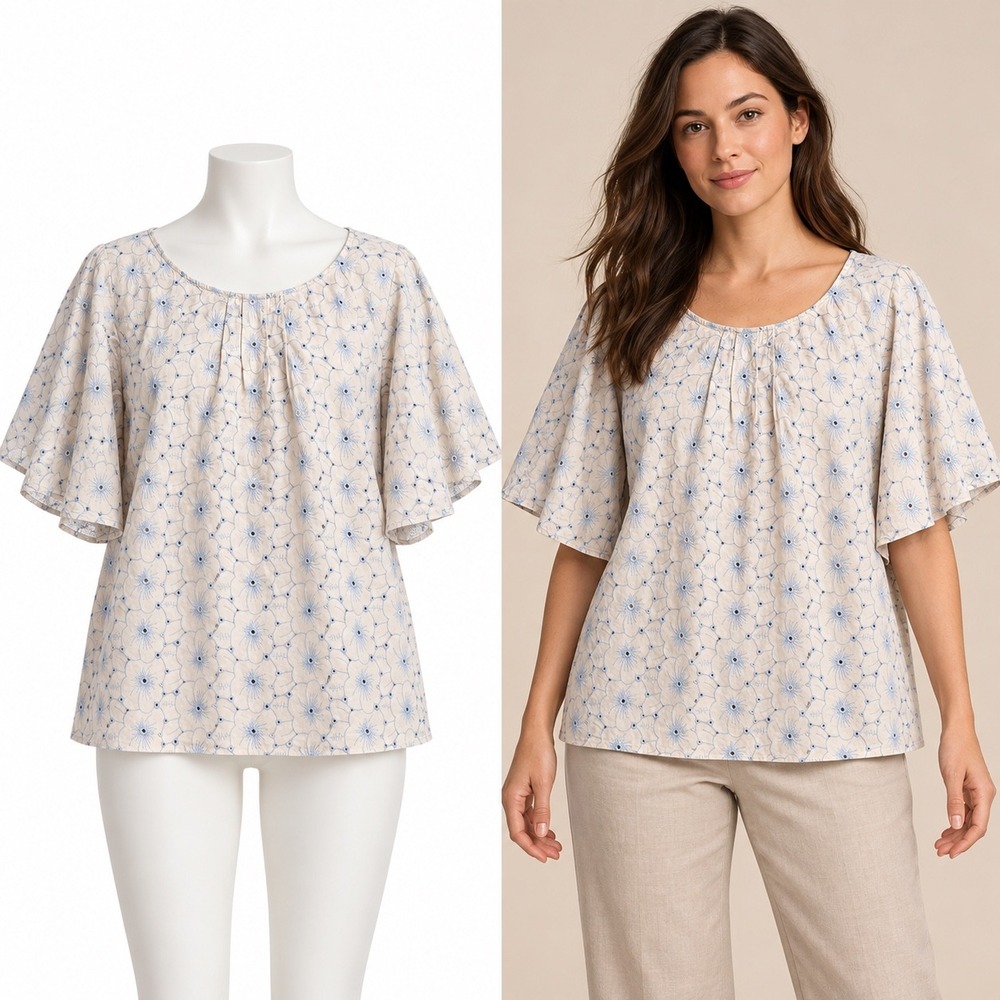 Ann Taylor Factory Blouse Womens Medium Peach Blue Eyelet Flutter Sleeve Keyhole